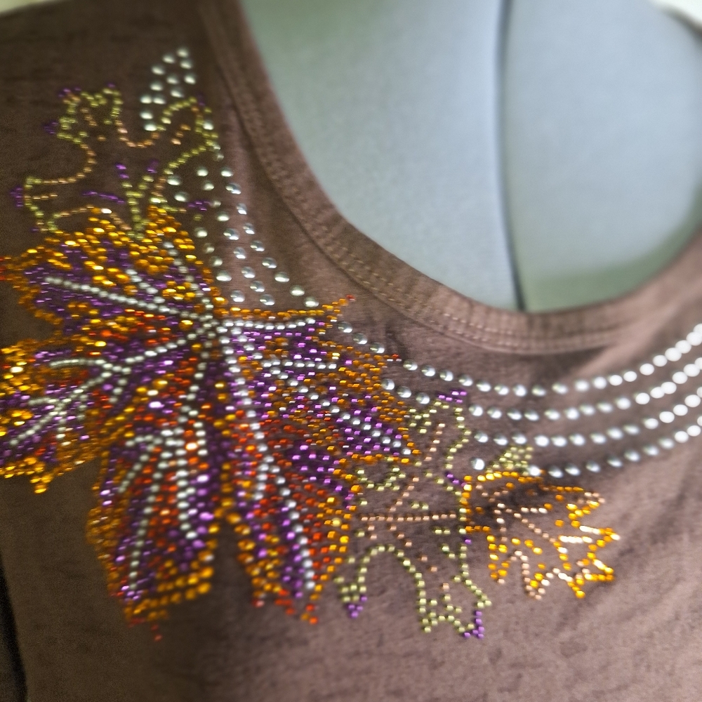 Isaac's Designs Autumn Leaf Embellished Burnout Brown Tunic Size X Large